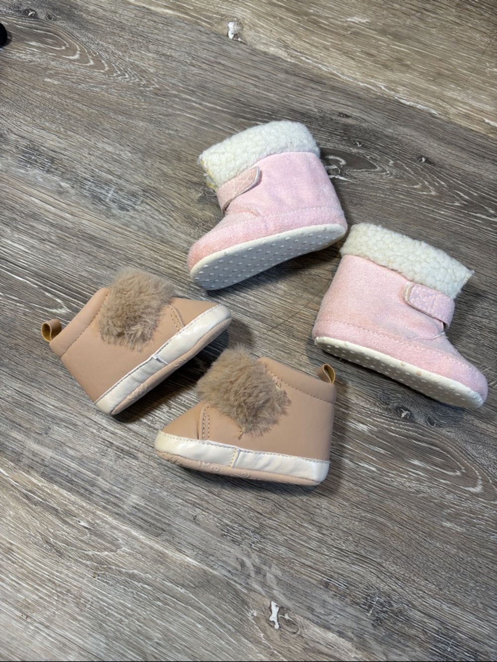 Little Me Baby Booties Duo Set - Pink and Tan Plush Soft Sole Shoes